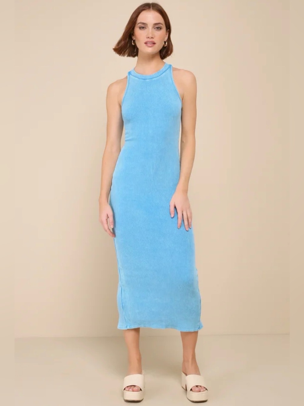 Lulus Essentially Sweet Washed Teal Blue Ribbed Sleeveless Midi Dress